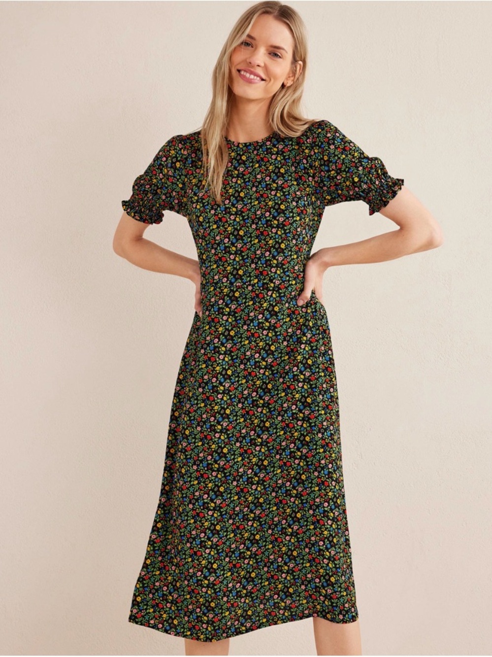 Black Floral Midi Dress with Smocked Sleeves